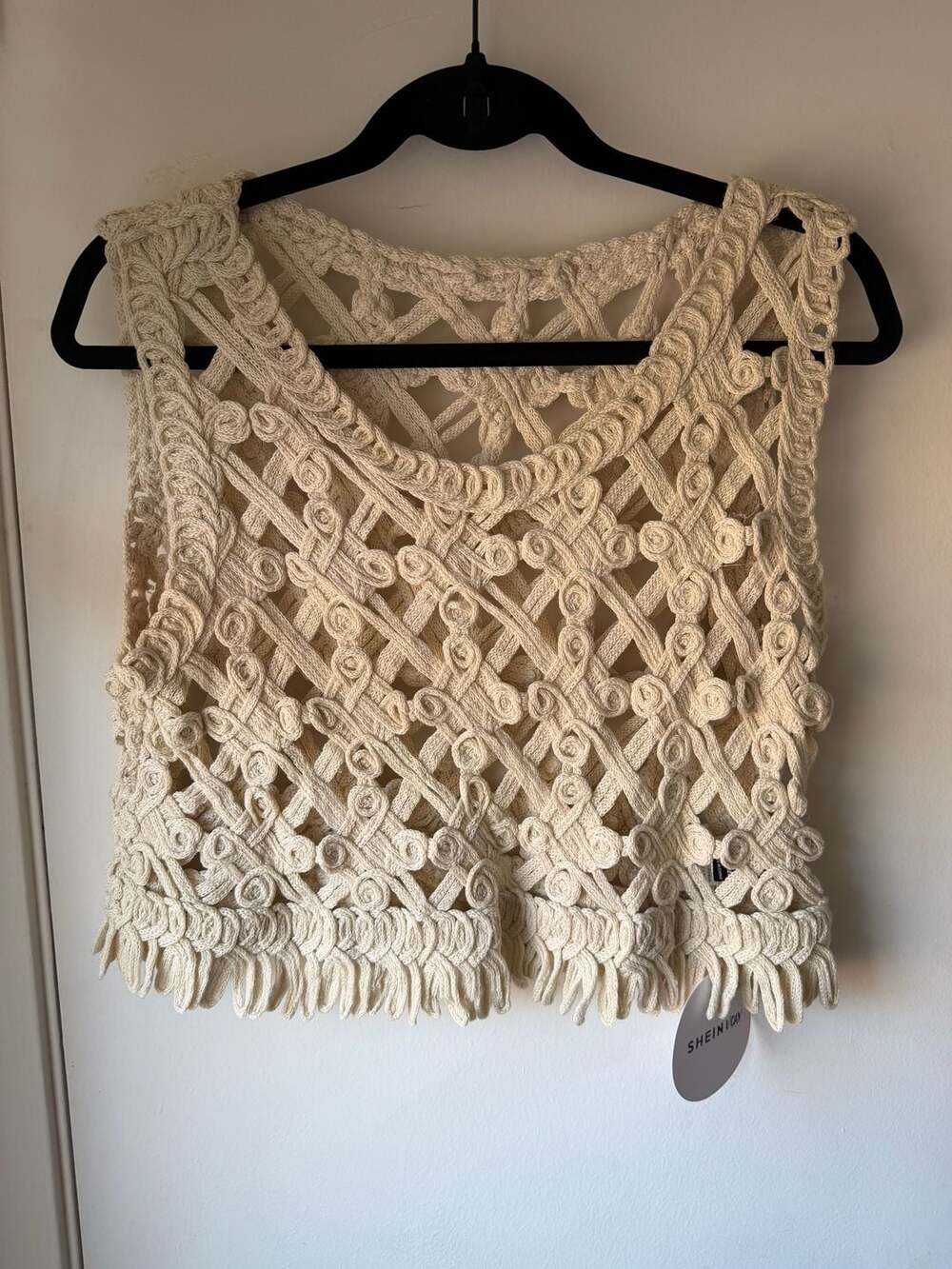 Shein VCAY Beige Open Knit Crochet Fringe Hem Crop Tank Top